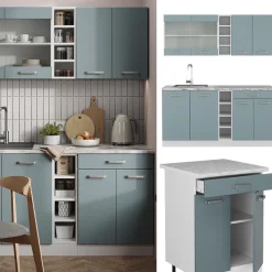 Vicco Singleküche R-Line, Küchenzeile Single, Blau-Grau/Weiß, 160 cm, AP Marmor