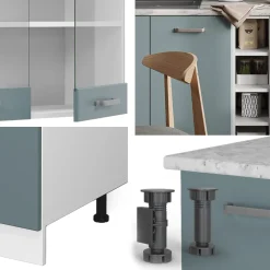 Vicco Singleküche R-Line, Küchenzeile Single, Blau-Grau/Weiß, 160 cm, AP Marmor