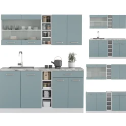 Vicco Singleküche R-Line, Küchenzeile Single, Blau-Grau/Weiß, 160 cm, AP Marmor