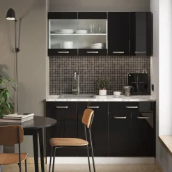 Vicco Singleküche R-Line, Küchenzeile Single, Schwarz Hochglanz/Weiß, 140 cm, AP Marmor