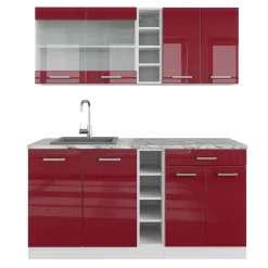 Vicco Singleküche "R-Line", Rot Hochglanz/Weiß, 160 cm , AP Marmor