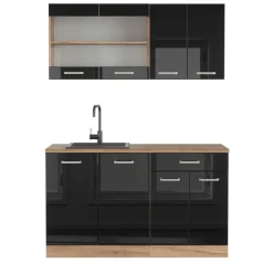 Vicco Singleküche "R-Line", Schwarz Hochglanz/Goldkraft Eiche, 140 cm ohne Arbeitsplatte