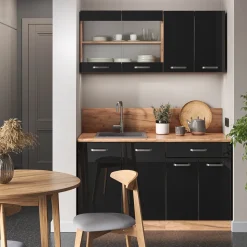 Vicco Singleküche "R-Line", Schwarz Hochglanz/Goldkraft Eiche, 140 cm ohne Arbeitsplatte