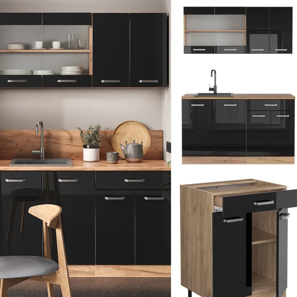 Vicco Singleküche "R-Line", Schwarz Hochglanz/Goldkraft Eiche, 140 cm ohne Arbeitsplatte