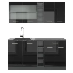 Vicco Singleküche "R-Line", Schwarz Hochglanz/Anthrazit, 160 cm ohne Arbeitsplatte