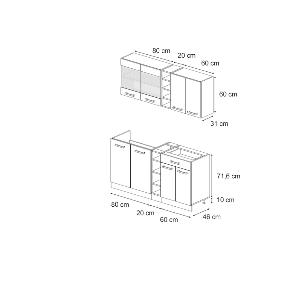 Vicco Singleküche "R-Line", Schwarz Hochglanz/Goldkraft Eiche, 160 cm ohne Arbeitsplatte