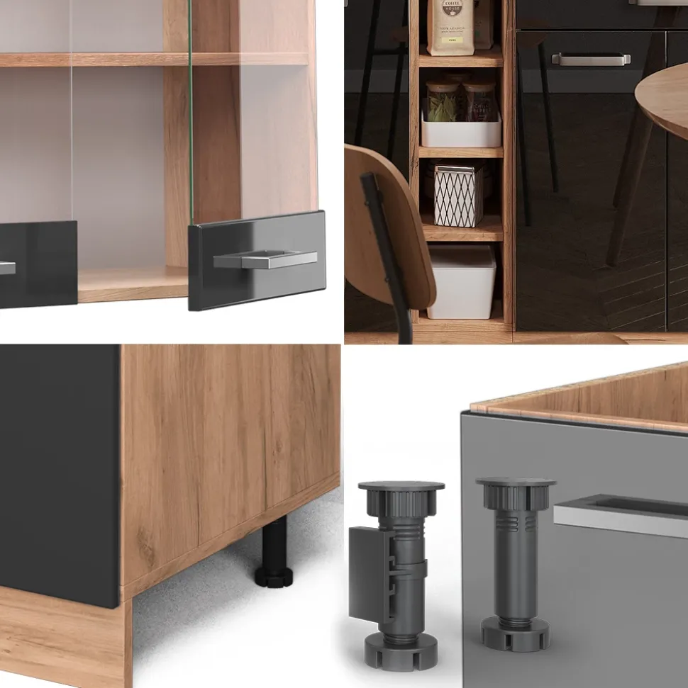 Vicco Singleküche "R-Line", Schwarz Hochglanz/Goldkraft Eiche, 160 cm ohne Arbeitsplatte