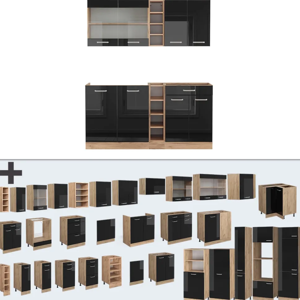 Vicco Singleküche "R-Line", Schwarz Hochglanz/Goldkraft Eiche, 160 cm ohne Arbeitsplatte