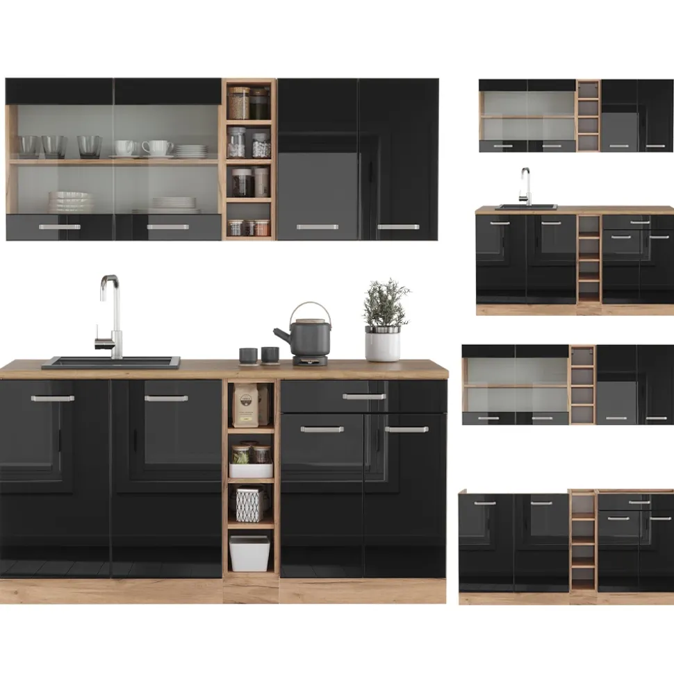 Vicco Singleküche "R-Line", Schwarz Hochglanz/Goldkraft Eiche, 160 cm ohne Arbeitsplatte