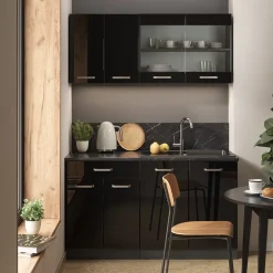 Vicco Singleküche "R-Line", Schwarz Hochglanz/Anthrazit, 140 cm ohne Arbeitsplatte