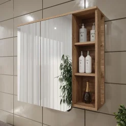 Vicco Spiegelschrank Sonoma/Blau Karen 80x75x20 cm - Badezimmerschrank mit Spiegel, Übersichtliche Organisation dank cleverer Fächeraufteilung