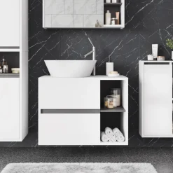 Vicco Waschbeckenunterschrank Weiß/Grau Viola 80x60x46 cm - Unterschrank für das Badezimmer, Leichte Reinigung des Bodens dank wandhängender Montage