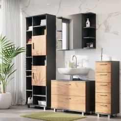 Vicco Waschbeckenunterschrank Goldkraft Eiche/Anthrazit Ilias 80x61x33 cm - Unterschrank für das Badezimmer, Übersichtliche Aufbewahrung durch großzügige Schublade