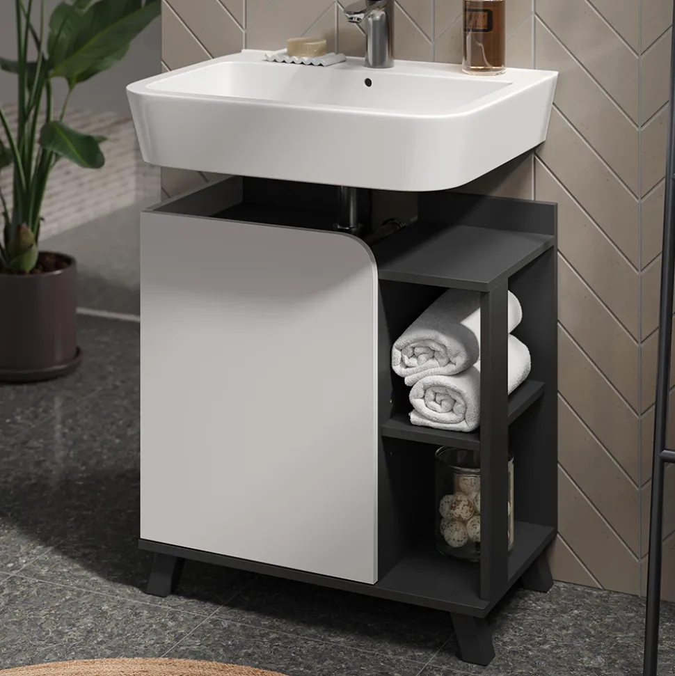 Vicco Waschbeckenunterschrank Anthrazit/Weiß Karen 60x65x35 cm - Unterschrank für das Badezimmer, Grifflose Fronten für eine moderne Optik