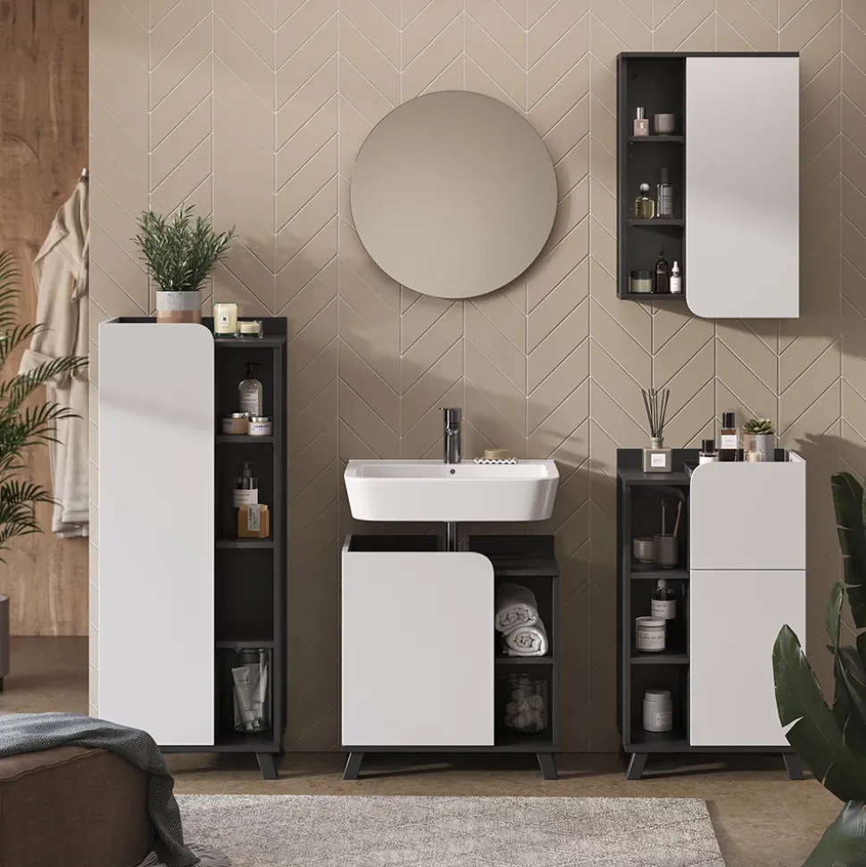 Vicco Waschbeckenunterschrank Anthrazit/Weiß Karen 60x65x35 cm - Unterschrank für das Badezimmer, Grifflose Fronten für eine moderne Optik