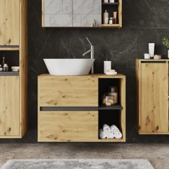 Vicco Waschbeckenunterschrank Artisan/Grau Viola 80x60x46 cm - Unterschrank für das Badezimmer, Leichte Reinigung des Bodens dank wandhängender Montage