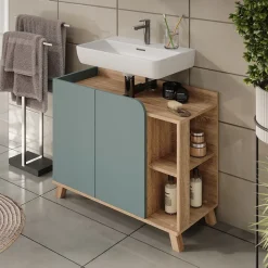 Vicco Waschbeckenunterschrank Sonoma/Blau Karen 80x65x35 cm - Unterschrank für das Badezimmer, Grifflose Fronten für eine moderne Optik