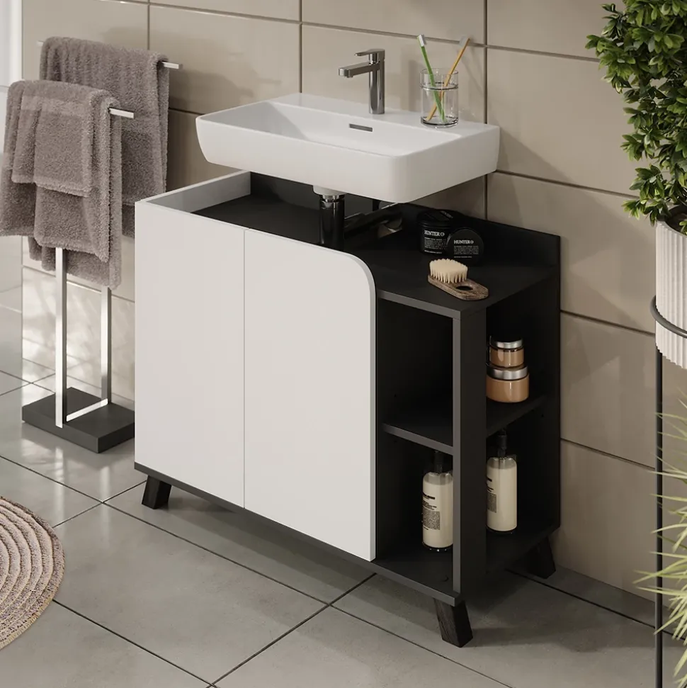 Vicco Waschbeckenunterschrank Anthrazit/Weiß Karen 80x65x35 cm - Unterschrank für das Badezimmer, Grifflose Fronten für eine moderne Optik