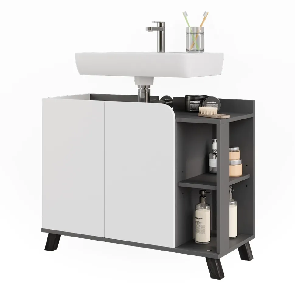 Vicco Waschbeckenunterschrank Anthrazit/Weiß Karen 80x65x35 cm - Unterschrank für das Badezimmer, Grifflose Fronten für eine moderne Optik