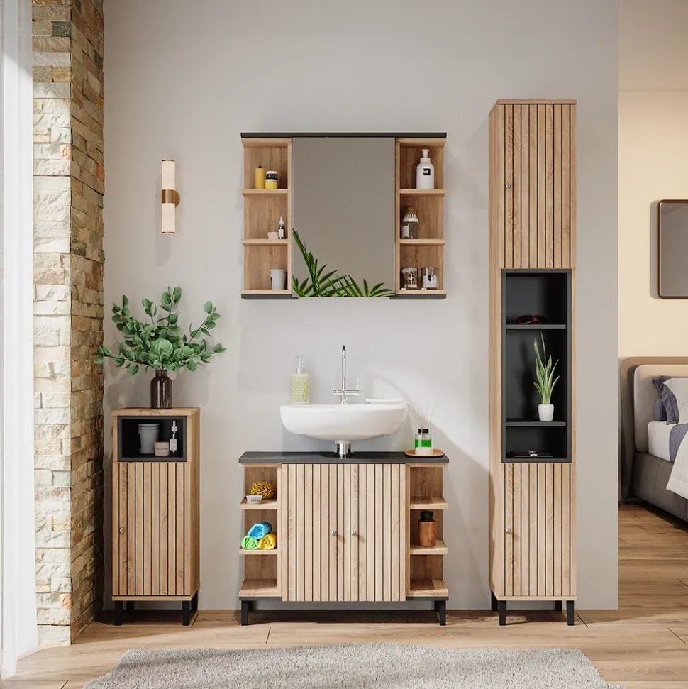 Vicco Waschbeckenunterschrank Sonoma Aquis 80x64x32 cm - Unterschrank für das Badezimmer, Kombination aus offenen Fächern und Türen für flexible Nutzung