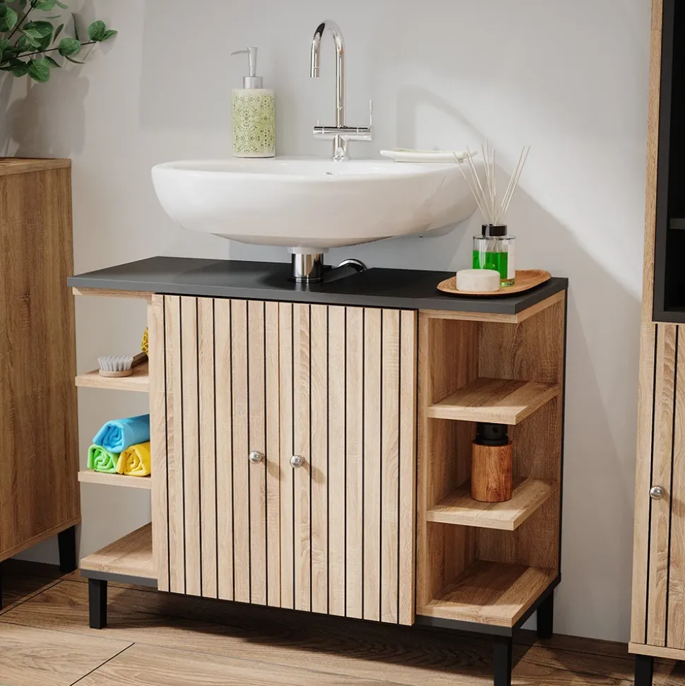 Vicco Waschbeckenunterschrank Sonoma Aquis 80x64x32 cm - Unterschrank für das Badezimmer, Kombination aus offenen Fächern und Türen für flexible Nutzung