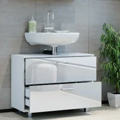 Vicco Waschbeckenunterschrank Weiß Hochglanz Ilias 80x61x33 cm - Unterschrank Badezimmer, Übersichtliche Aufbewahrung durch großzügige Schublade
