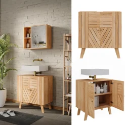 Vicco Waschbeckenunterschrank Bambus Lucie 60x65x36 cm - Unterschrank für das Badezimmer, Kombination aus offenen Fächern und Türen für flexible Nutzung