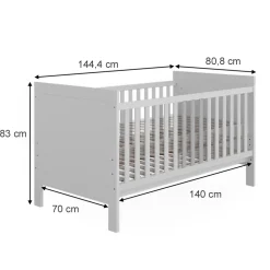 Vitalispa Babybett Ajaton - Weiß 144x83x81 cm gefertigt aus Spanplatte - Kinderbett mit Rausfallschutz abgestimmt auf Neugeborene und Babys, mit herausnehmbaren Schlupfsproßen