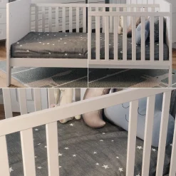 Vitalispa Babybett Ajaton - Weiß 144x83x81 cm gefertigt aus Spanplatte - Kinderbett mit Rausfallschutz abgestimmt auf Neugeborene und Babys, mit herausnehmbaren Schlupfsproßen