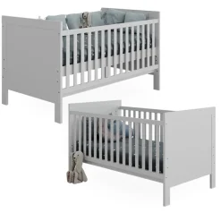 Vitalispa Babybett Ajaton - Weiß 144x83x81 cm gefertigt aus Spanplatte - Kinderbett mit Rausfallschutz abgestimmt auf Neugeborene und Babys, mit herausnehmbaren Schlupfsproßen