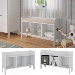 Vitalispa Kindersitzbank Weiß Ajaton - 107x64x31 cm hergestellt aus Spanplatte - Kinderregal für Kinder und Teenager, für schnell und praktisch Spielzeugaufbewahrung
