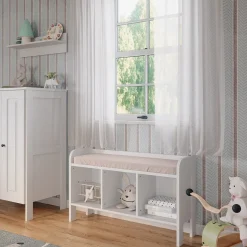 Vitalispa Kindersitzbank Weiß Ajaton - 107x64x31 cm hergestellt aus Spanplatte - Kinderregal für Kinder und Teenager, für schnell und praktisch Spielzeugaufbewahrung