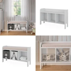 Vitalispa Kindersitzbank Weiß Ajaton - 107x64x31 cm hergestellt aus Spanplatte - Kinderregal für Kinder und Teenager, für schnell und praktisch Spielzeugaufbewahrung
