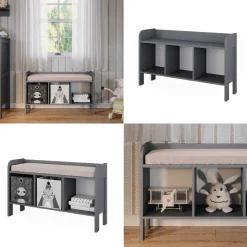 Vitalispa Kindersitzbank Grau Ajaton - 107x64x31 cm hergestellt aus Spanplatte - Kinderregal für Kinder und Teenager, für schnell und praktisch Spielzeugaufbewahrung