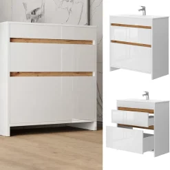 Waschbeckenunterschrank Detmold Weiß Hochglanz/Goldkraft Eiche 2 Teile, Unterschrank 80 cm Vicco