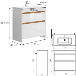 Waschbeckenunterschrank Detmold Weiß Hochglanz/Goldkraft Eiche 2 Teile, Unterschrank 80 cm Vicco