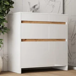 Waschbeckenunterschrank Detmold Weiß Hochglanz/Goldkraft Eiche 2 Teile, Unterschrank 80 cm Vicco