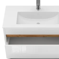 Waschbeckenunterschrank Detmold Weiß Hochglanz/Goldkraft Eiche 2 Teile, Unterschrank 80 cm Vicco