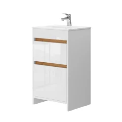 Waschbeckenunterschrank Detmold Weiß Hochglanz/Goldkraft Eiche 2 Teile, mit Waschbecken und 2 Schubladen Vicco