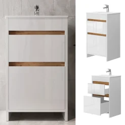 Waschbeckenunterschrank Detmold Weiß Hochglanz/Goldkraft Eiche 2 Teile, mit Waschbecken und 2 Schubladen Vicco