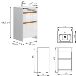 Waschbeckenunterschrank Detmold Weiß Hochglanz/Goldkraft Eiche 2 Teile, mit Waschbecken und 2 Schubladen Vicco