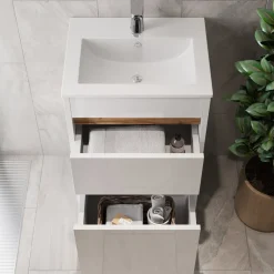 Waschbeckenunterschrank Detmold Weiß Hochglanz/Goldkraft Eiche 2 Teile, mit Waschbecken und 2 Schubladen Vicco