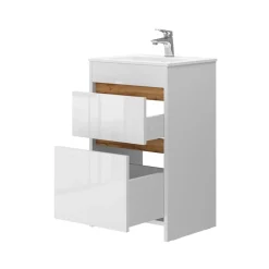 Waschbeckenunterschrank Detmold Weiß Hochglanz/Goldkraft Eiche 2 Teile, mit Waschbecken und 2 Schubladen Vicco