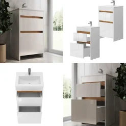 Waschbeckenunterschrank Detmold Weiß Hochglanz/Goldkraft Eiche 2 Teile, mit Waschbecken und 2 Schubladen Vicco