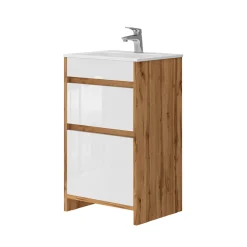 Waschbeckenunterschrank Detmold Goldkraft Eiche 2 Teile, mit Waschbecken und 2 Schubladen Vicco