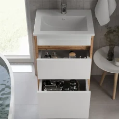 Waschbeckenunterschrank Detmold Goldkraft Eiche 2 Teile, mit Waschbecken und 2 Schubladen Vicco