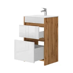 Waschbeckenunterschrank Detmold Goldkraft Eiche 2 Teile, mit Waschbecken und 2 Schubladen Vicco