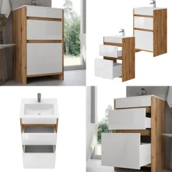 Waschbeckenunterschrank Detmold Goldkraft Eiche 2 Teile, mit Waschbecken und 2 Schubladen Vicco