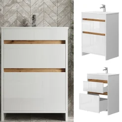 Waschbeckenunterschrank Detmold Weiß Hochglanz/Goldkraft Eiche 2 Teile, Unterschrank 60 cm Vicco