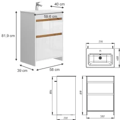 Waschbeckenunterschrank Detmold Weiß Hochglanz/Goldkraft Eiche 2 Teile, Unterschrank 60 cm Vicco